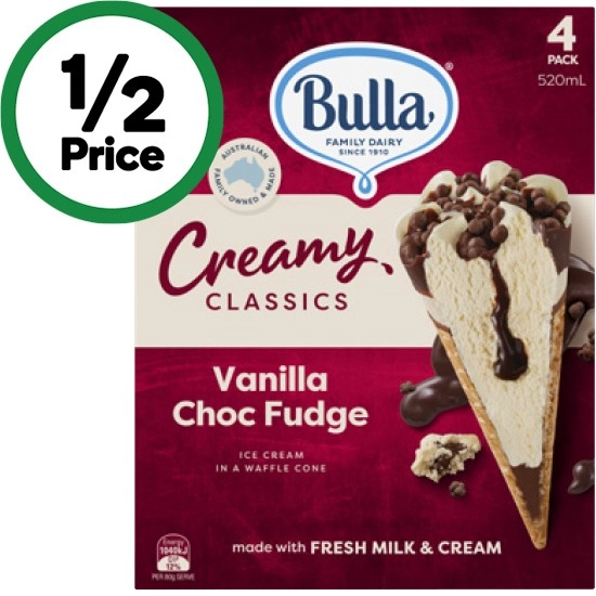 Bulla Ice Cream Cones or Sandwiches 520-560ml Pk 4 – From the Freezer