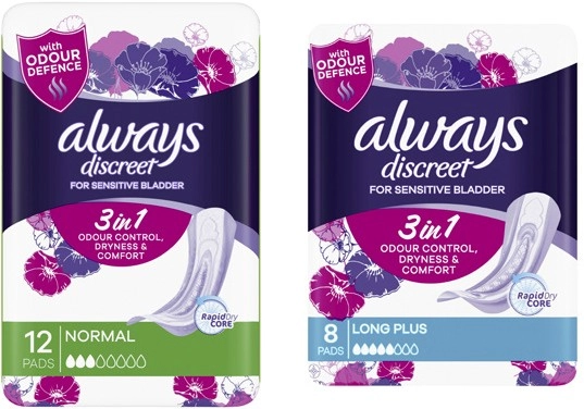 Always Discreet for Sensitive Bladder Incontinence Pads Long Plus 8 Pack or Normal 12 Pack