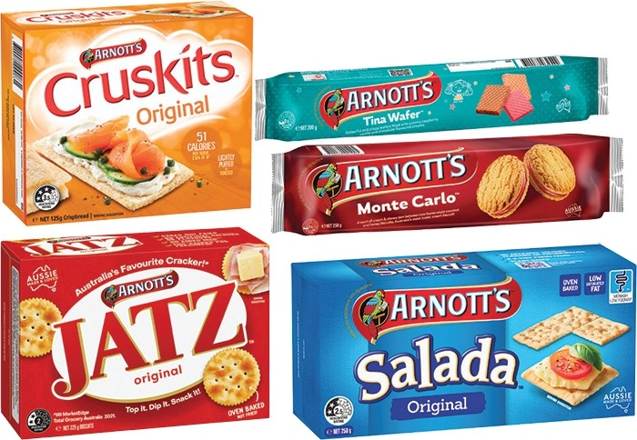 Arnott's Cruskits or Salada Crispbreads 125g-250g or Jatz Crackers 225g or Cream or Tina Wafer Biscuits 200g-250g