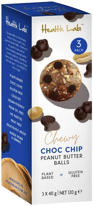 Health Lab Chewy Choc Chip Peanut Butter Balls 3 Pack 120g