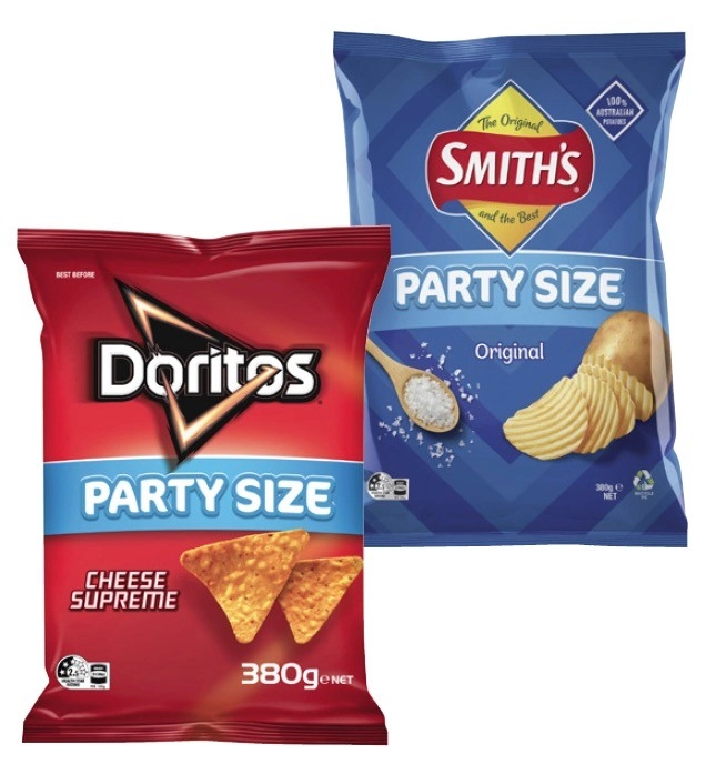 Smith's Crinkle Cut Potato Chips, Doritos Corn Chips Big Bag 380g or Red Rock Deli Potato Chips 290g