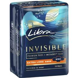 Libra Invisible Pads Extra Long With Wings 10 Pack