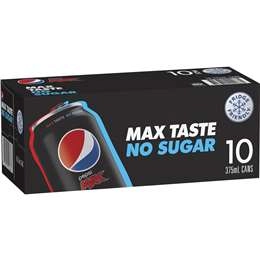 Pepsi Max No Sugar Cola Soft Drink Cans Multipack 375ml X 10 Pack