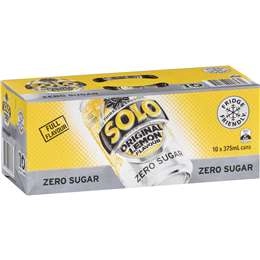 Solo Zero Sugar Original Lemon Soft Drink Cans Multipack 375ml X 10 Pack
