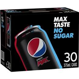 Pepsi Max No Sugar Cola Soft Drink Cans Multipack 375ml X 30 Pack