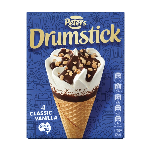 Peters Drumstick Classic Vanilla Ice Cream 4 Pack 475mL