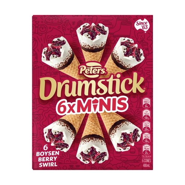 Peters Drumstick Boysenberry Swirl Minis Ice Cream 6 Pack 480mL