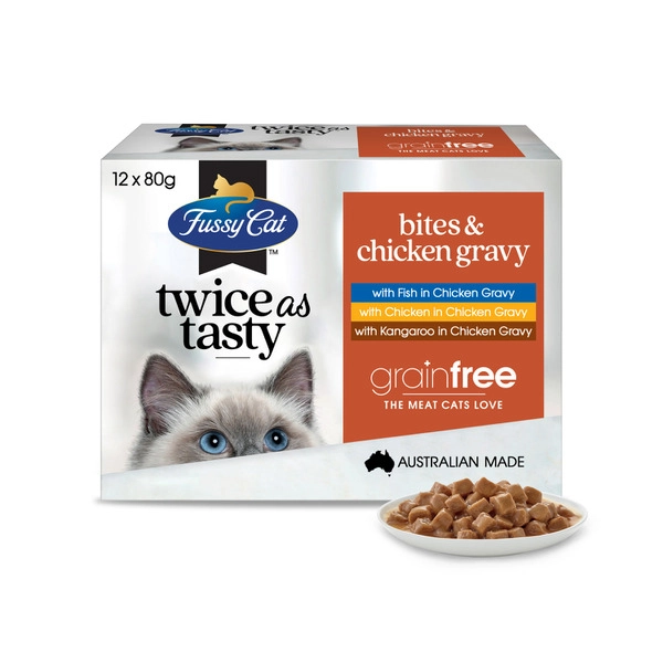 Fussy Cat Grain Free Twice as Tasty Adult Wet Cat Food Bites & Chicken Gravy 12x80gm 12 pack