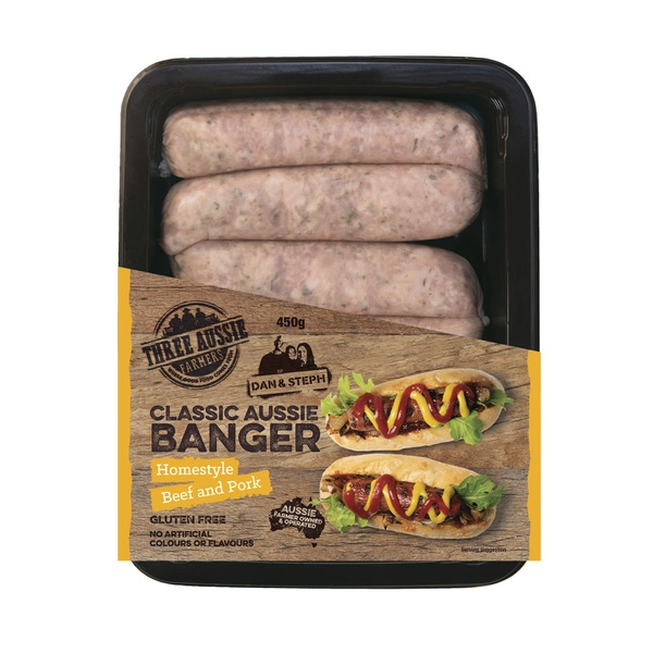 Three Aussie Farmers Classic Aussie Banger Beef & Pork Sausage 450g