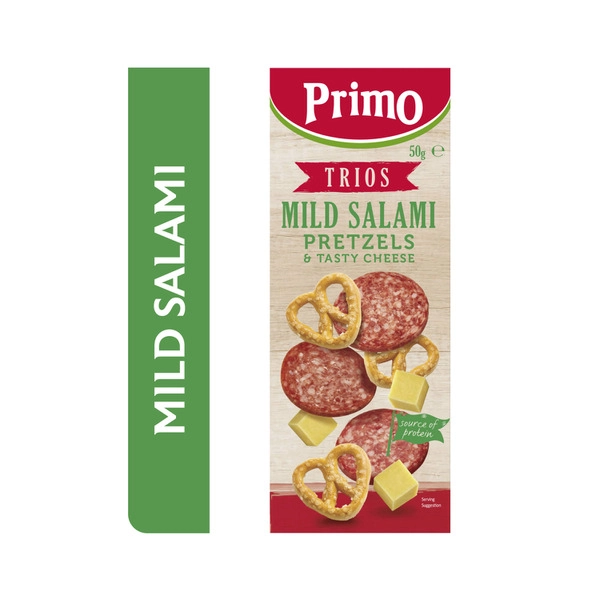 Primo Trios Mild Salami Pretzels & Tasty Cheese Cubes 50g