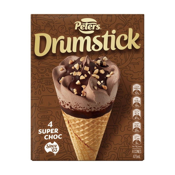 Peters Drumstick Super Choc Ice Cream 4 Pack 475mL