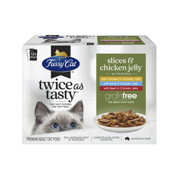 Fussy Cat  Grain Free Twice as Tasty Adult Wet Cat Food Slices & Chicken Jelly 12 pack