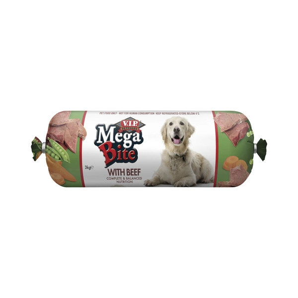 V.I.P Mega Bite Adult Chilled Fresh Dog Food Roll Beef 3kg