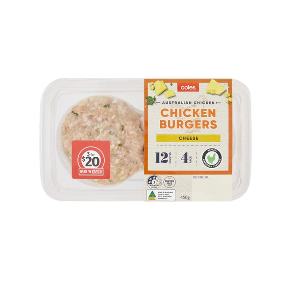 Coles RSPCA Approved Chicken Burgers With Cheese 450g