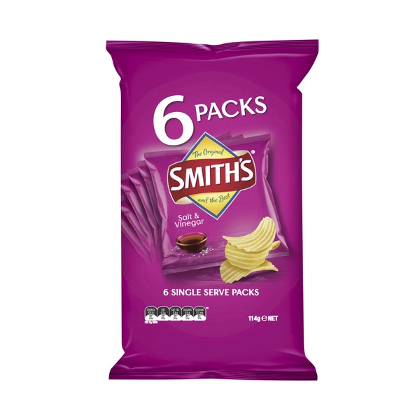 Smith's Crinkle Cut Salt & Vinegar Potato Chips 6 pack 114g