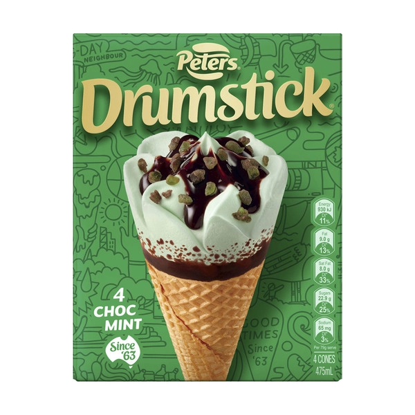 Peters Drumstick Choc Mint Ice Cream 4 Pack 475mL
