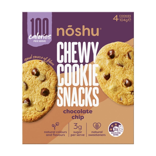 Noshu 100 Calorie Chewy Cookie Snacks Choc Chip 104g