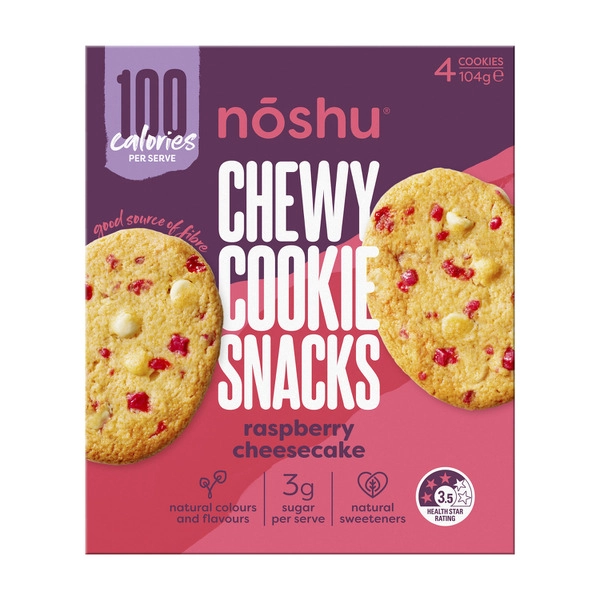 Noshu 100 Calorie Chewy Cookie Snacks White Choc Raspberry Cheesecake 104g