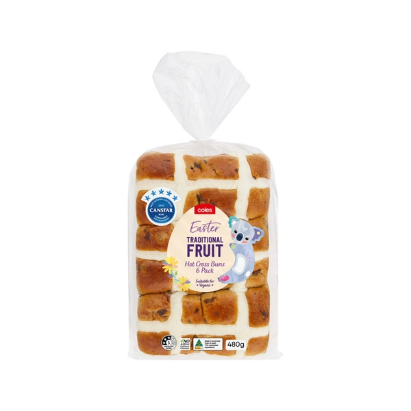Coles Hot Cross Buns Traditional Fruit 6 pack