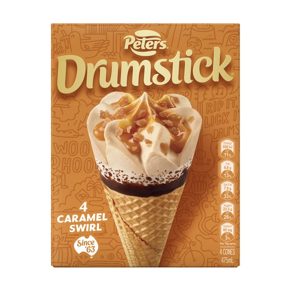 Peters Drumstick Caramel Swirl Ice Cream 4 Pack 475mL