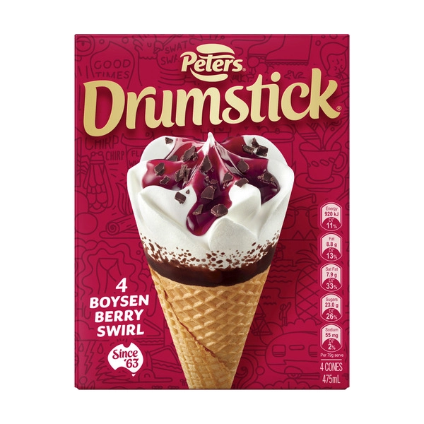 Peters Drumstick Boysenberry Swirl Ice Cream 4 Pack 475mL